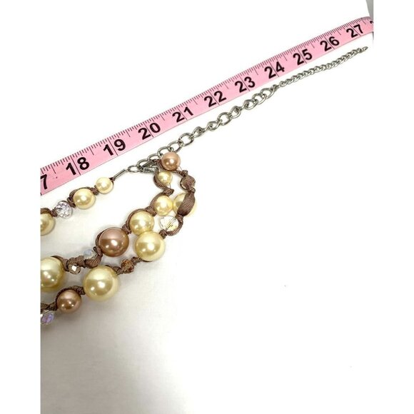 Triple Strand Faux Pearl, Crystal Bead & Ribbon Necklace - Ivory/Pink - Picture 9 of 12
